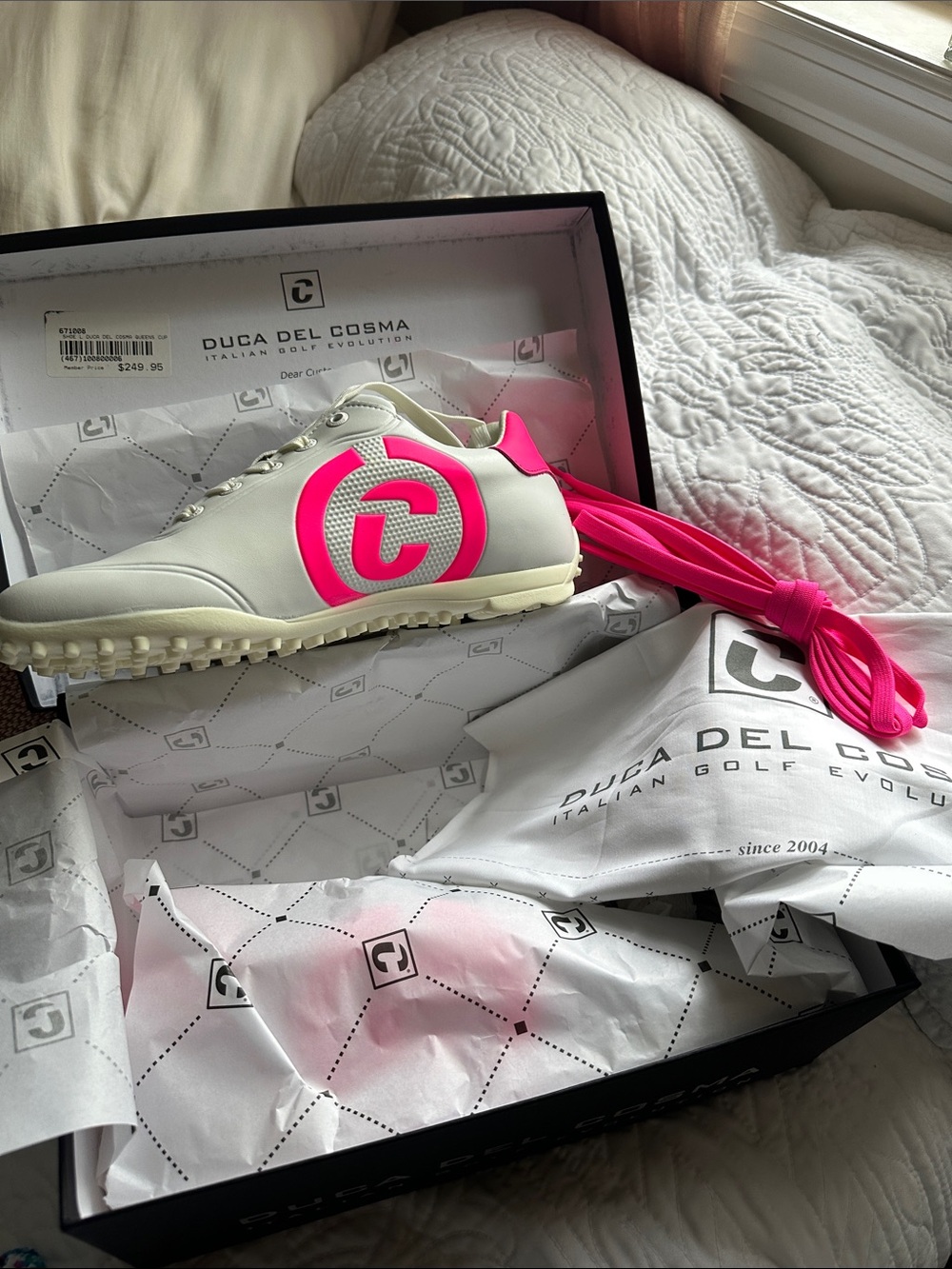 Duca del Cosma Women’s White Golf Sneaker with Hot Pink Logo